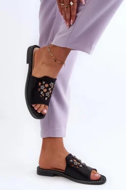 Błyszczące Klapki Damskie Z Ozdobami S.Barski KV27-063 Czarne