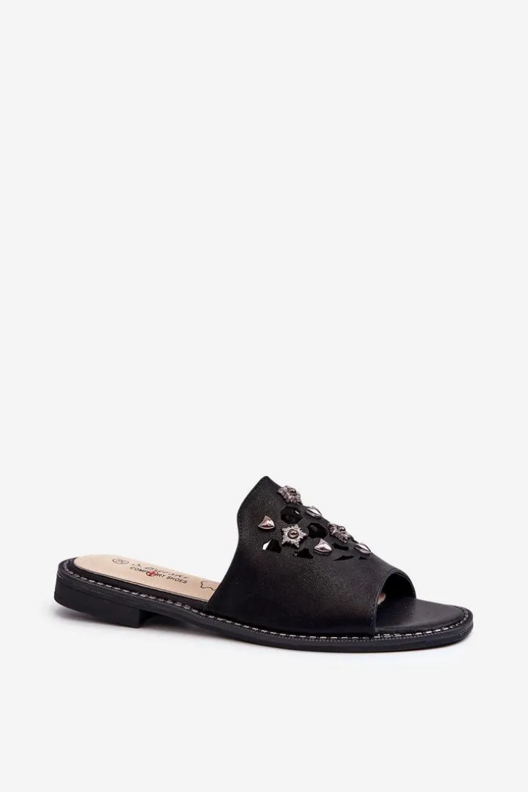 Błyszczące Klapki Damskie Z Ozdobami S.Barski KV27-063 Czarne