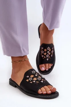 Błyszczące Klapki Damskie Z Ozdobami S.Barski KV27-063 Czarne