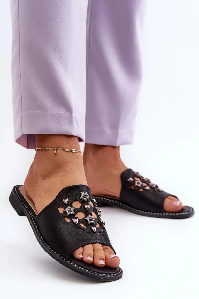 Błyszczące Klapki Damskie Z Ozdobami S.Barski KV27-063 Czarne