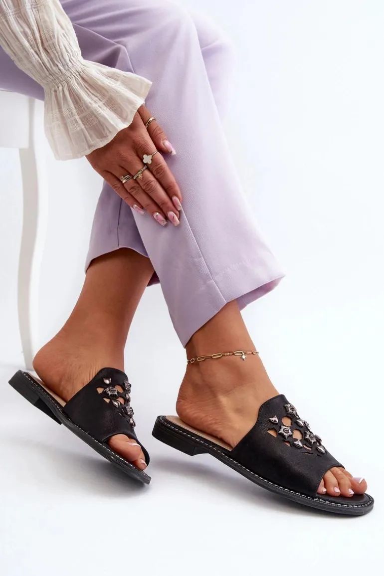 Błyszczące Klapki Damskie Z Ozdobami S.Barski KV27-063 Czarne