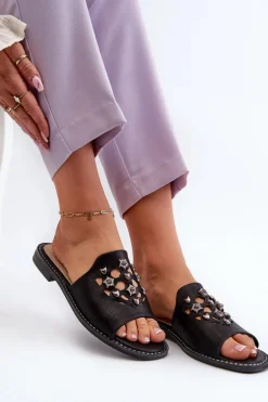 Błyszczące Klapki Damskie Z Ozdobami S.Barski KV27-063 Czarne