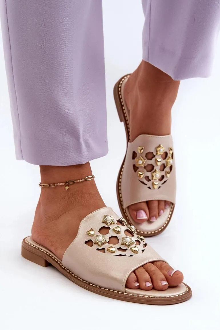 Błyszczące Klapki Damskie Z Ozdobami S.Barski KV27-063 Złote