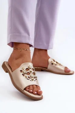 Błyszczące Klapki Damskie Z Ozdobami S.Barski KV27-063 Złote