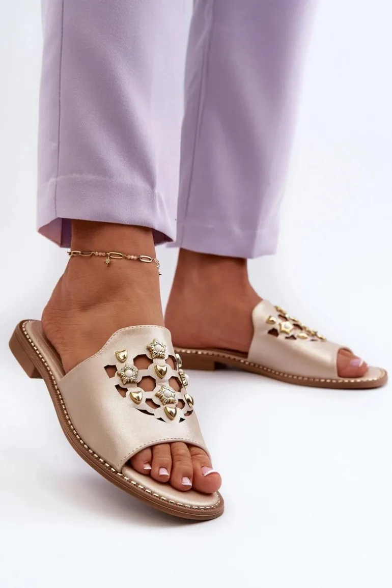 Błyszczące Klapki Damskie Z Ozdobami S.Barski KV27-063 Złote