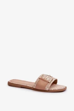 Błyszczące Klapki Damskie Z Ozdobą Beżowe Taleci