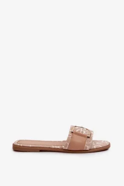 Błyszczące Klapki Damskie Z Ozdobą Beżowe Taleci