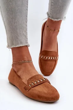 Błyszczące Mokasyny Damskie Z Łańcuchem Camel Aredilla