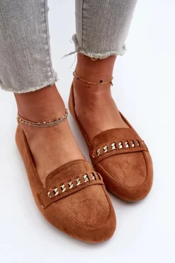 Błyszczące Mokasyny Damskie Z Łańcuchem Camel Aredilla