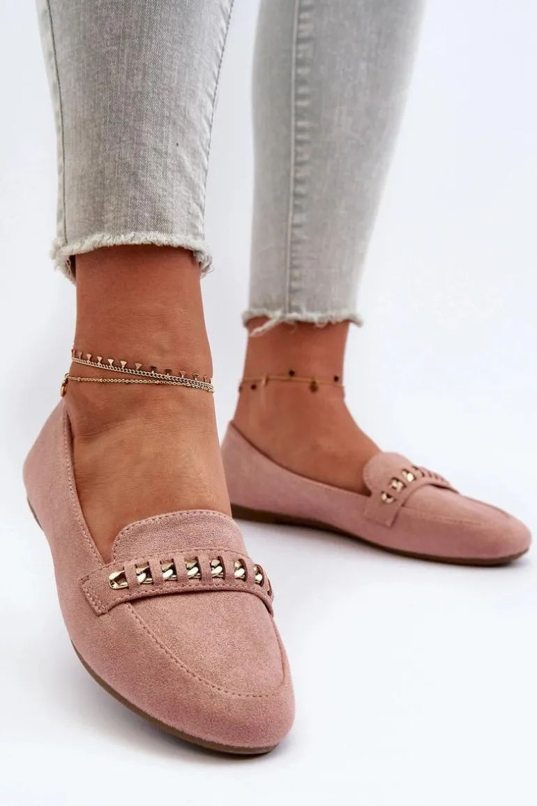 Błyszczące Mokasyny Damskie Z Łańcuchem Różowe Aredilla