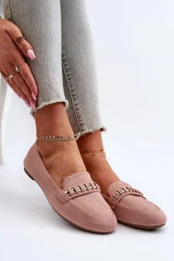 Błyszczące Mokasyny Damskie Z Łańcuchem Różowe Aredilla