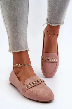 Błyszczące Mokasyny Damskie Z Łańcuchem Różowe Aredilla