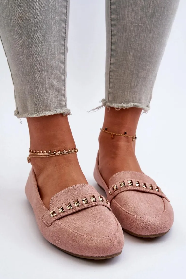 Błyszczące Mokasyny Damskie Z Łańcuchem Różowe Aredilla