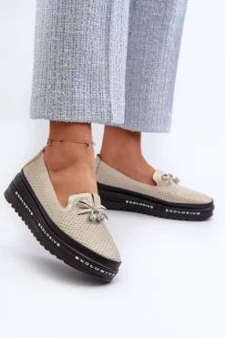 Błyszczące Mokasyny Damskie Skórzane Na Platformie S.Barski LR400 Złote