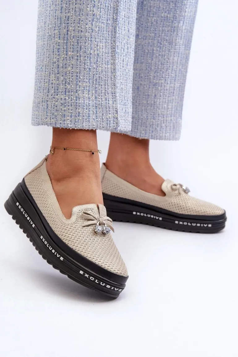 Błyszczące Mokasyny Damskie Skórzane Na Platformie S.Barski LR400 Złote