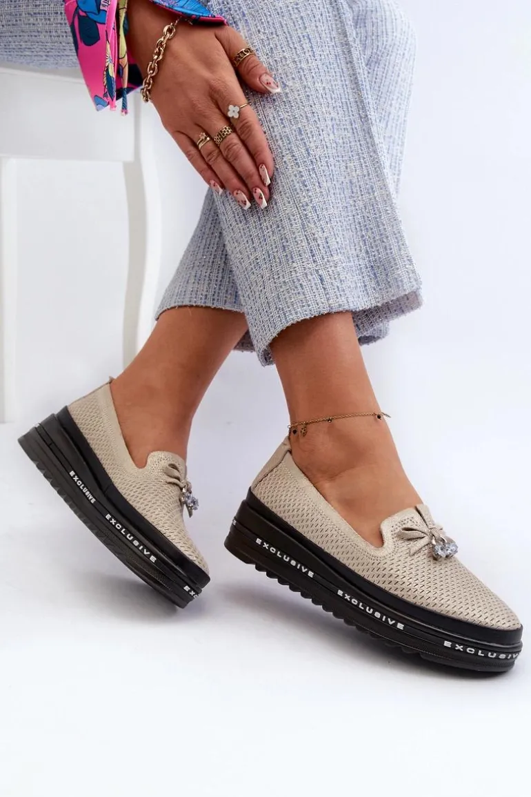 Błyszczące Mokasyny Damskie Skórzane Na Platformie S.Barski LR400 Złote