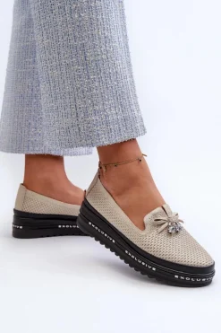 Błyszczące Mokasyny Damskie Skórzane Na Platformie S.Barski LR400 Złote