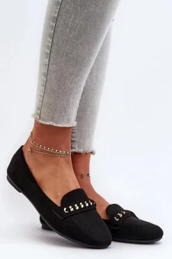 Błyszczące Mokasyny Damskie Z Łańcuchem Czarne Aredilla