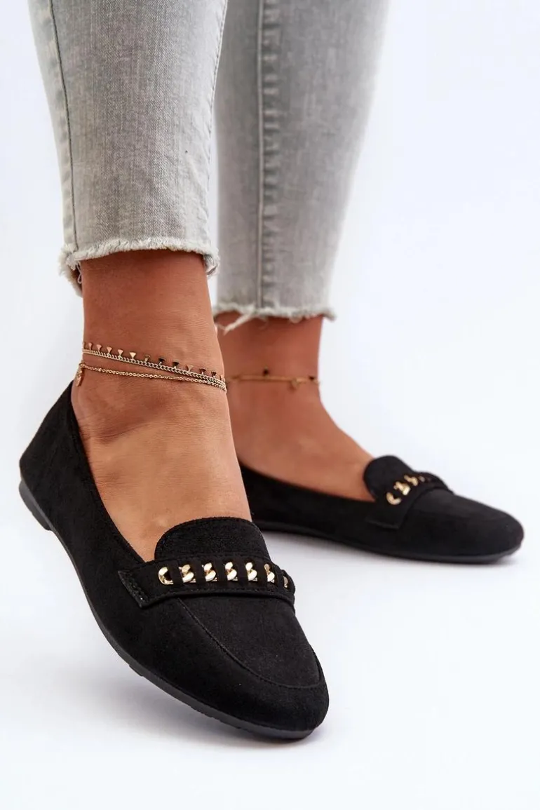 Błyszczące Mokasyny Damskie Z Łańcuchem Czarne Aredilla