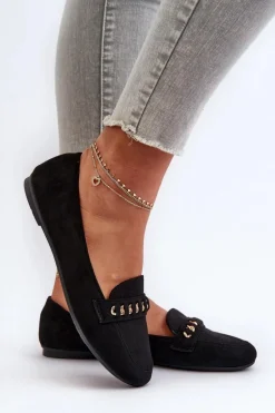 Błyszczące Mokasyny Damskie Z Łańcuchem Czarne Aredilla