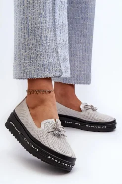 Błyszczące Mokasyny Damskie Skórzane Na Platformie S.Barski LR400 Srebrne