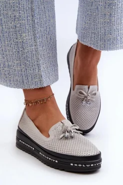 Błyszczące Mokasyny Damskie Skórzane Na Platformie S.Barski LR400 Srebrne