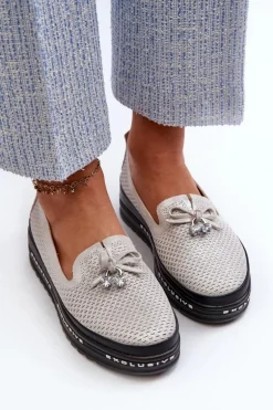 Błyszczące Mokasyny Damskie Skórzane Na Platformie S.Barski LR400 Srebrne