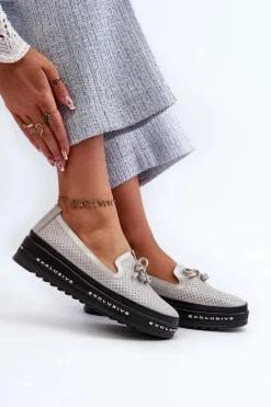 Błyszczące Mokasyny Damskie Skórzane Na Platformie S.Barski LR400 Srebrne