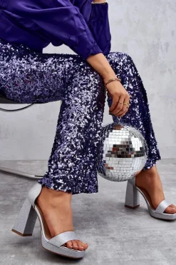 Błyszczące Sandałki Na Masywnym Obcasie Srebrne Calmi