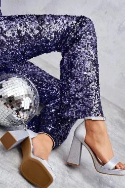 Błyszczące Sandałki Na Masywnym Obcasie Srebrne Calmi