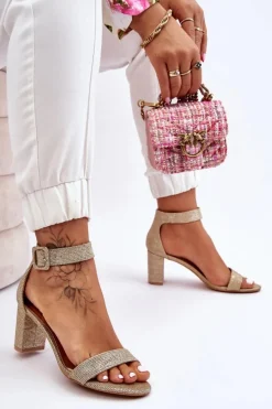 Błyszczące Sandałki Na Obcasie Złote Maxim