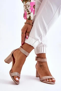 Błyszczące Sandałki Na Obcasie Różowe Złoto Maxim