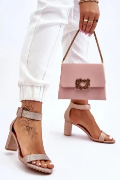 Błyszczące Sandałki Na Obcasie Różowe Złoto Maxim