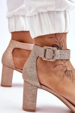 Błyszczące Sandałki Na Obcasie Różowe Złoto Maxim