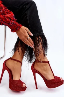 Błyszczące Sandałki Na Wysokim Obcasie Czerwone Marisha