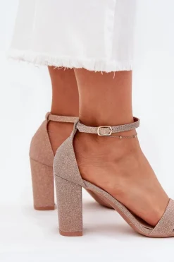 Błyszczące Sandały Damskie Na Słupku Różowe Złoto Kavina