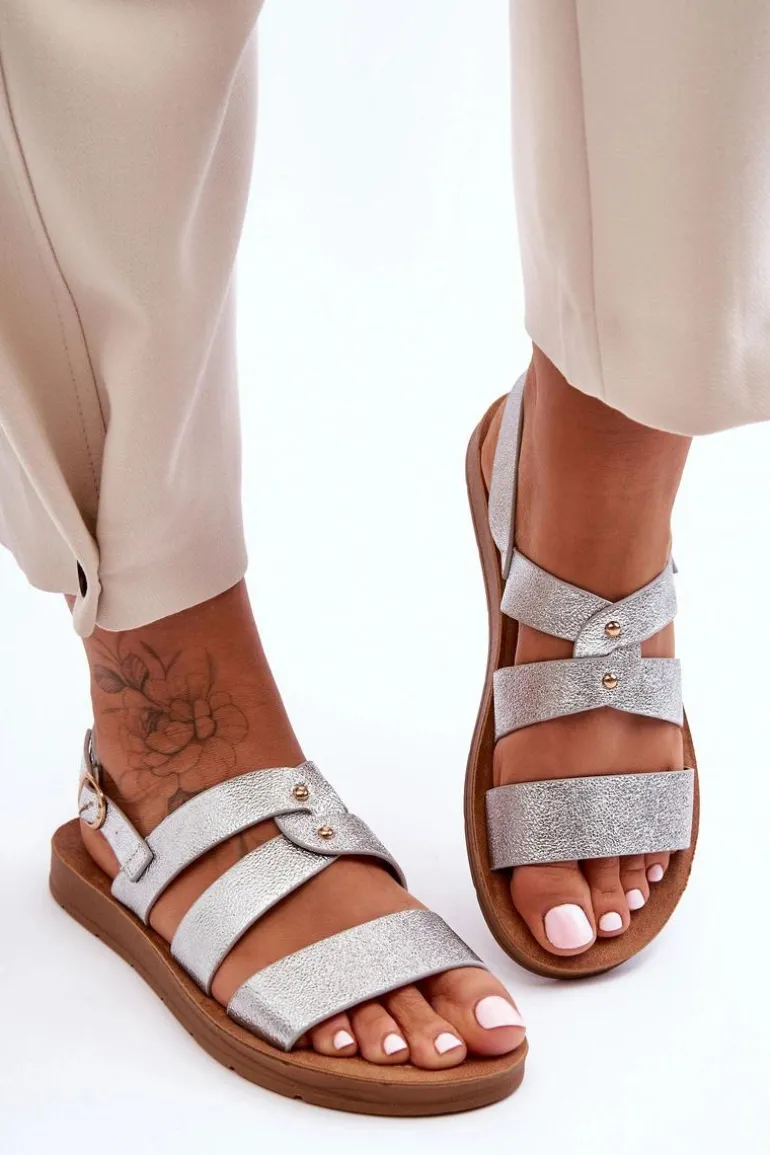 Błyszczące Sandały Damskie Srebrne Catalia