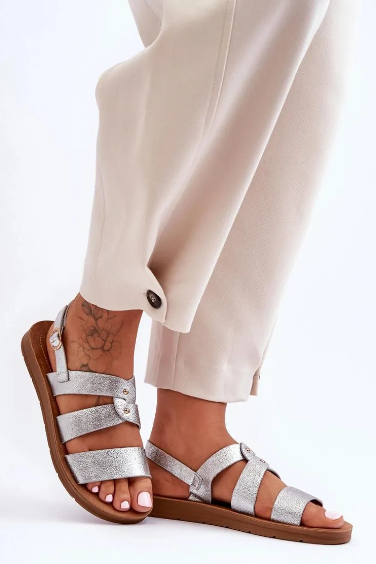 Błyszczące Sandały Damskie Srebrne Catalia