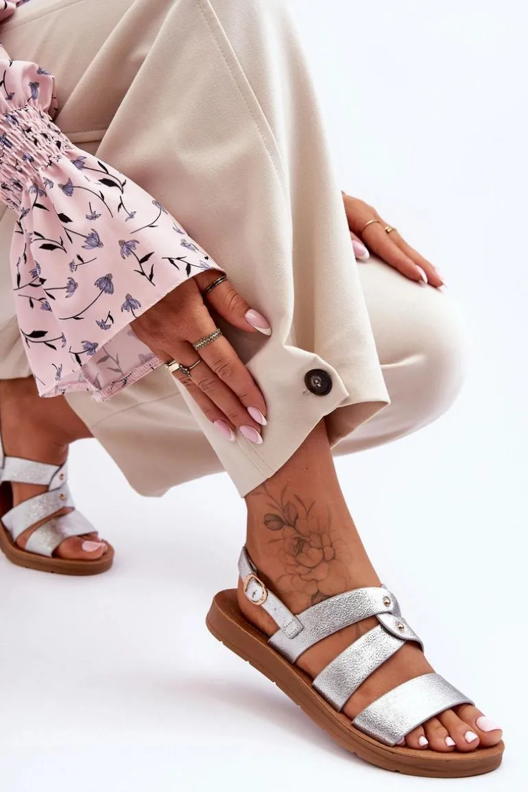 Błyszczące Sandały Damskie Srebrne Catalia