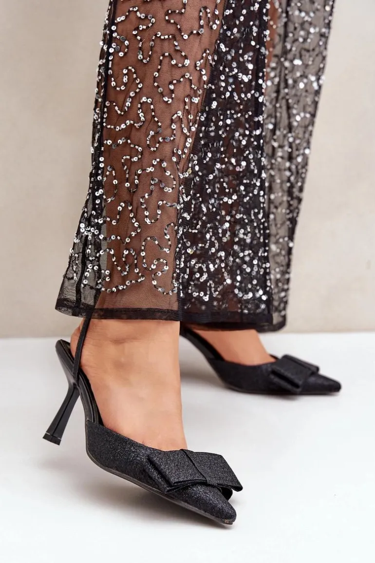 Błyszczące Szpilki Z Kokardą Czarne Gredan