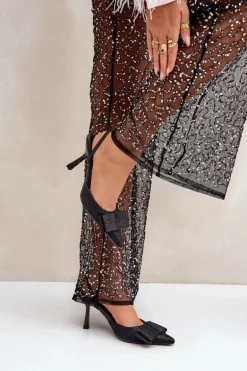 Błyszczące Szpilki Z Kokardą Czarne Gredan