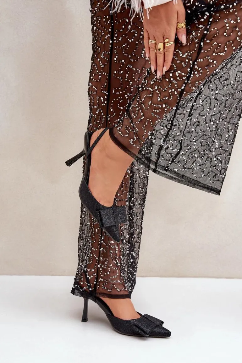 Błyszczące Szpilki Z Kokardą Czarne Gredan