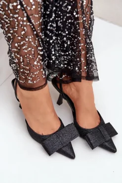 Błyszczące Szpilki Z Kokardą Czarne Gredan