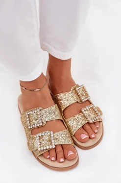 Błyszczące Zdobione Klapki Z Klamrami Na Płaskim Obcasie Złote Tovira