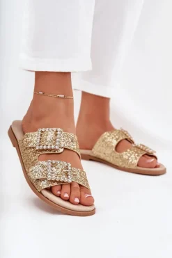 Błyszczące Zdobione Klapki Z Klamrami Na Płaskim Obcasie Złote Tovira