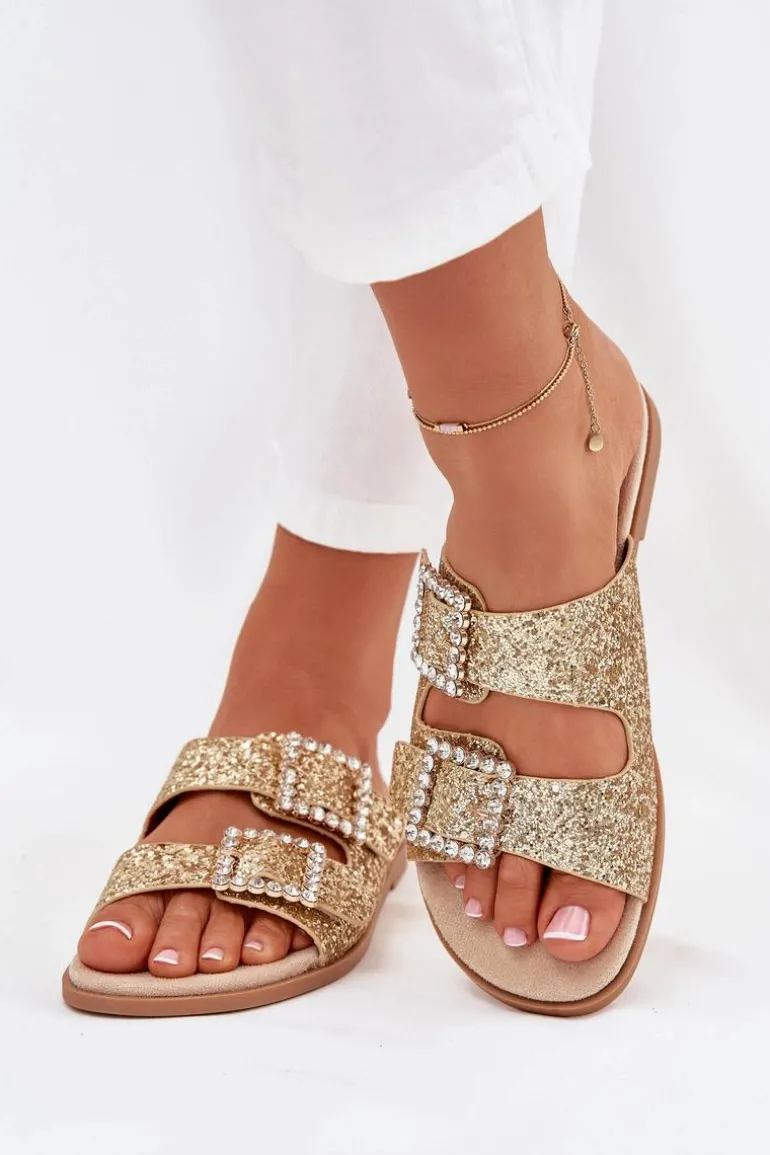 Błyszczące Zdobione Klapki Z Klamrami Na Płaskim Obcasie Złote Tovira