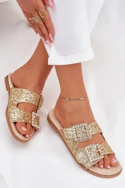 Błyszczące Zdobione Klapki Z Klamrami Na Płaskim Obcasie Złote Tovira