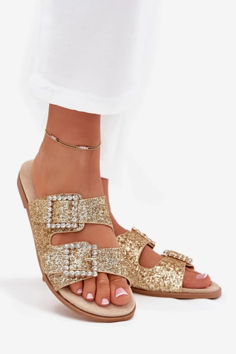 Błyszczące Zdobione Klapki Z Klamrami Na Płaskim Obcasie Złote Tovira