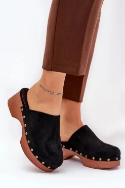 Chodaki Klapki Damskie Z Ćwiekami Eko Zamszowe Czarne Ellason