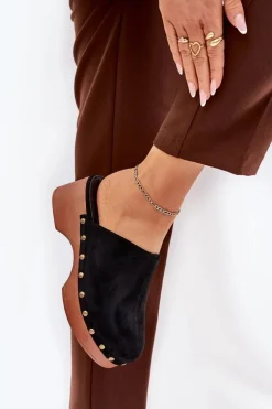 Chodaki Klapki Damskie Z Ćwiekami Eko Zamszowe Czarne Ellason